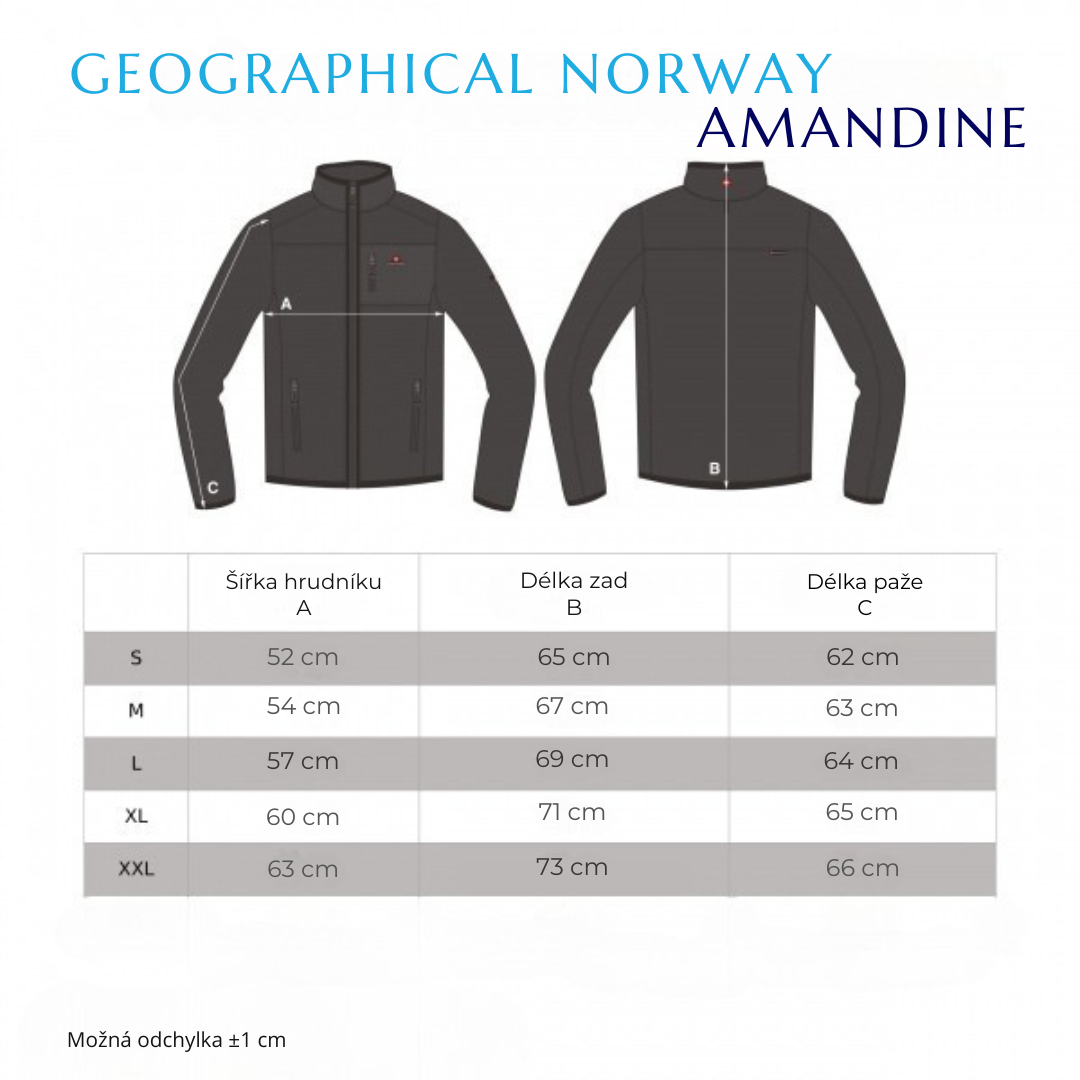 Tabulka velikostí – dámská bunda AMANDINE